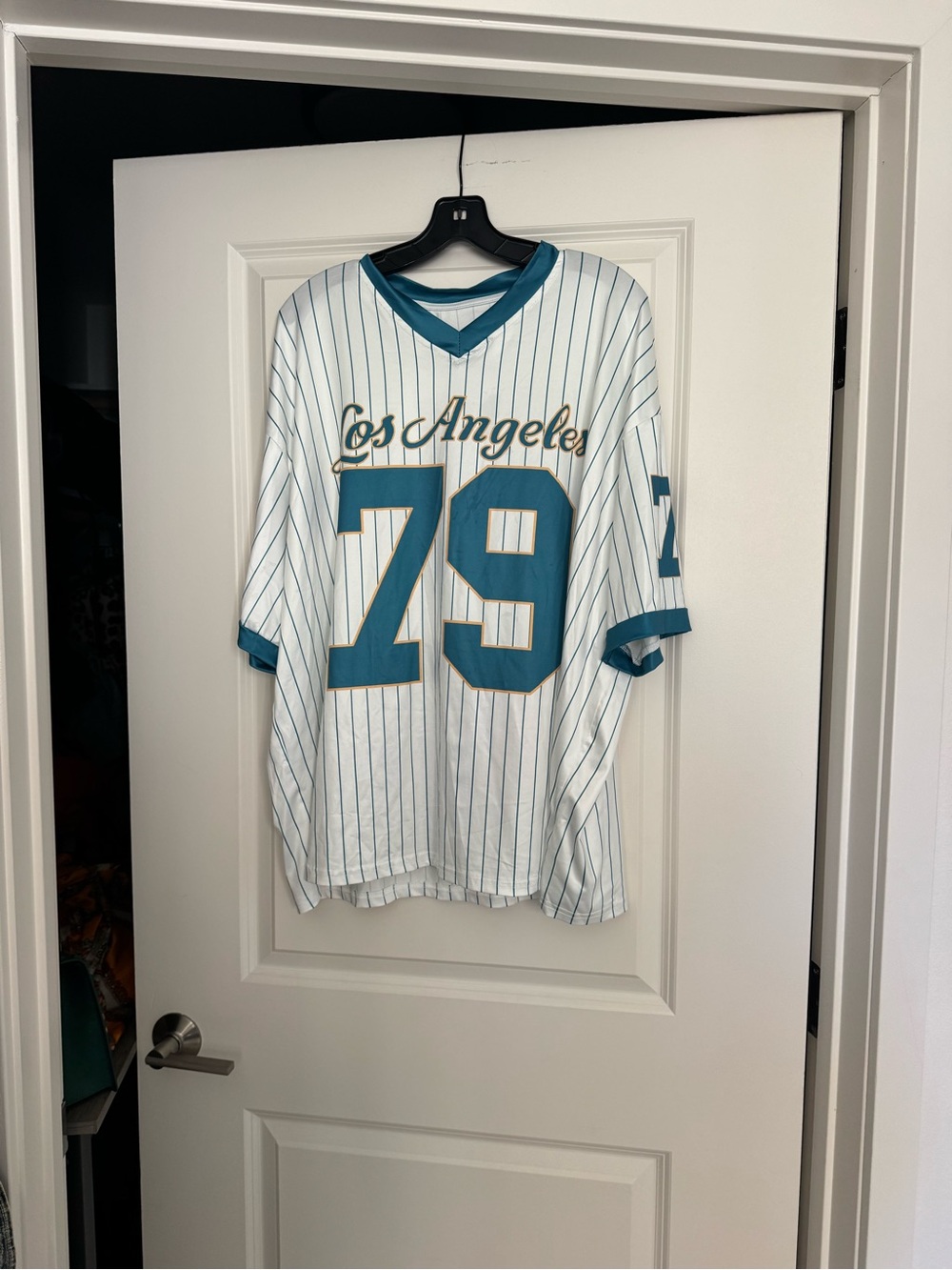 SHEIN White Pinstripe Baseball Jersey with Teal Accents